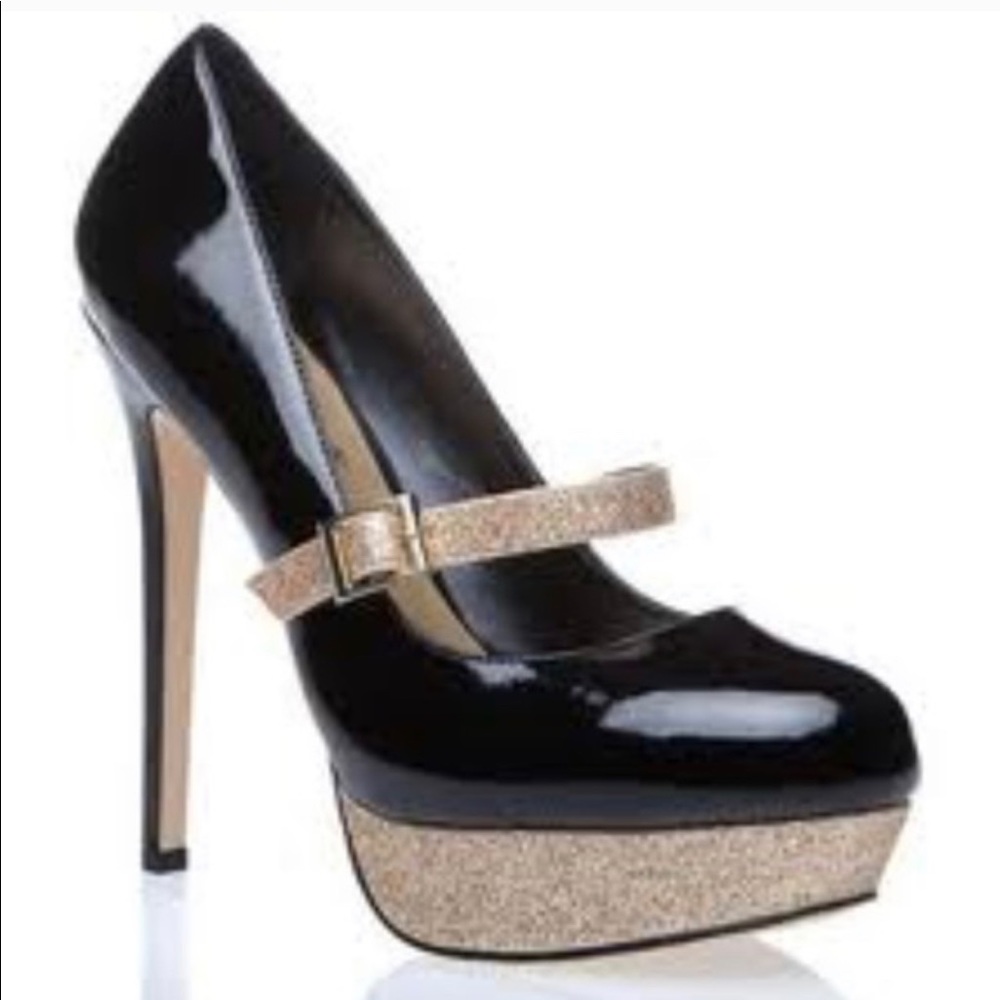 AKASHA BLACK PATENT GOLD GLITTER STILETTO PUMPS